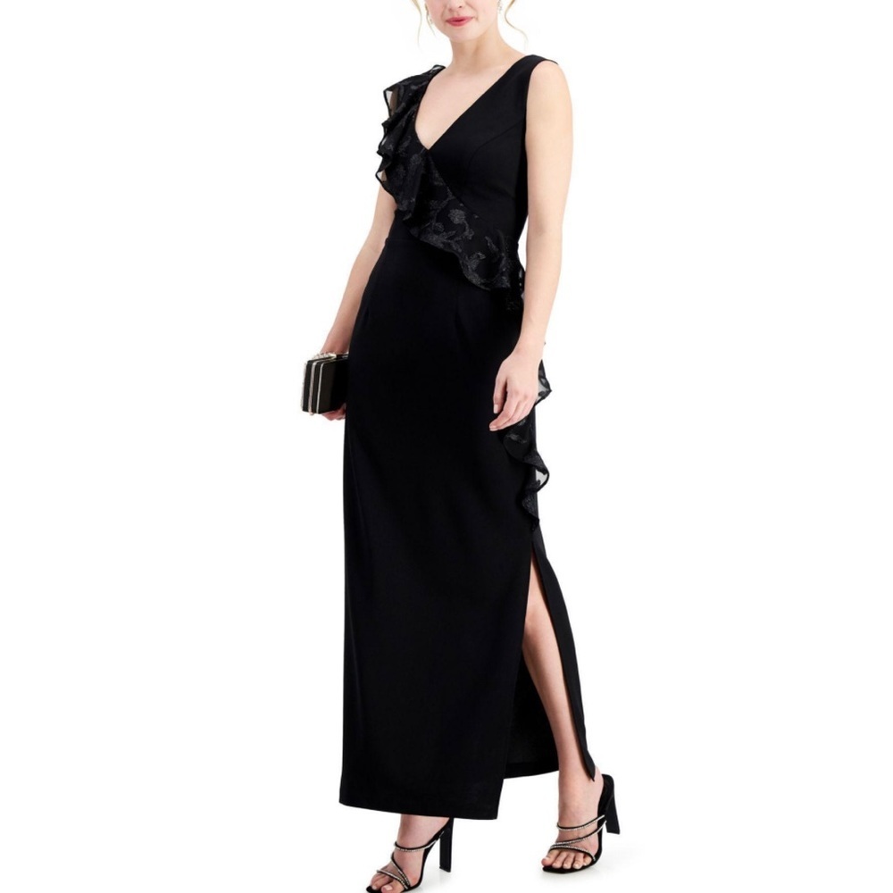 Women’s Formal Dress Sz 6 CONNECTED APPAREL Black Tie Cascade Ruffle Formal Gown